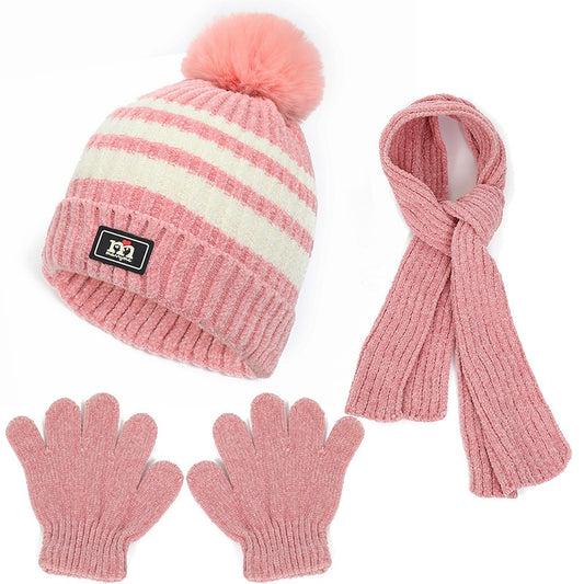 Children's hat, scarf, glove, three piece set, autumn and winter chenille plush insulation and thick knitted hat set