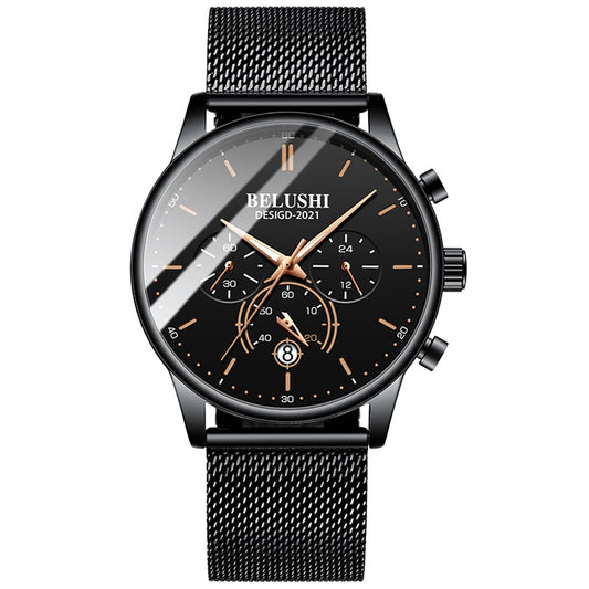 BELUSHI Watch Men Luxury Brand Famous Male Watch Black Watches Ultra Thin Milan Belt Stainless Steel Quartz Men Wrist Watch