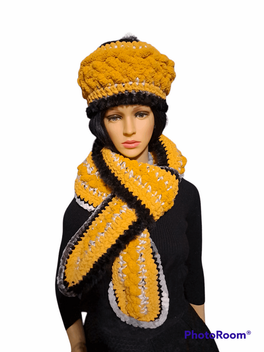 Eloquent Mustard, Black, Cream Hand Crochet Hat & Scarf Set With Faux Fur
