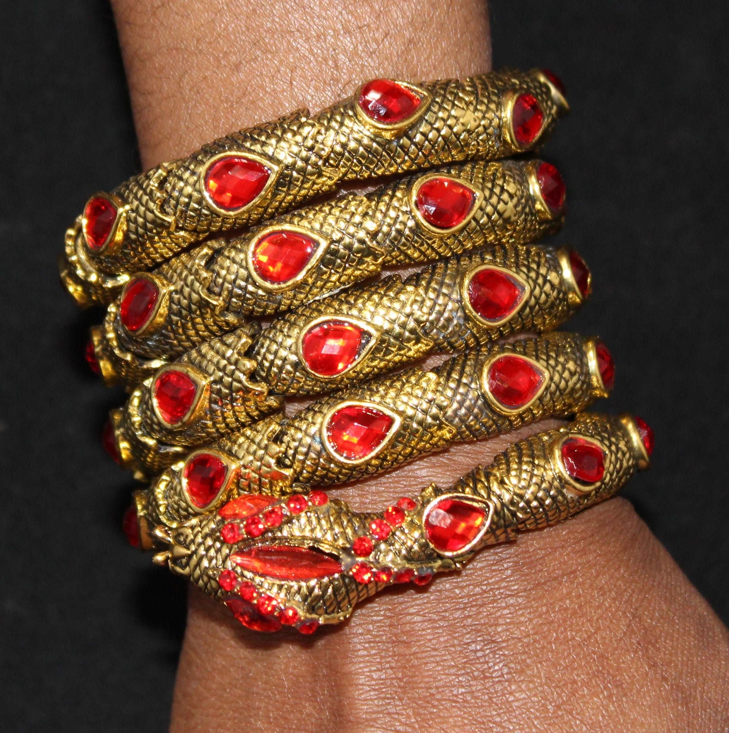 Snake Bracelet w/ Dark Gold Red Stones